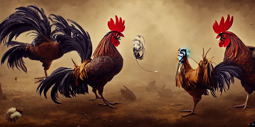 Image similar to digital painting of two roosters fighting, by karl wilhelm de hamilton and greg rutkowski, dieselpunk, steampunk, highly detailed, intricate, sharp focus, portrait, talons, anatomy, beak, wings