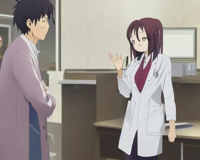 Prompt: a cute young female doctor wearing white coat are talking with an old surgeon in a clinic, slice of life anime, lighting, anime scenery by Makoto shinkai