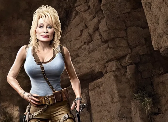 Image similar to film still of!!!! dolly parton!!! as lara croft in new tomb raider movie, 8 k