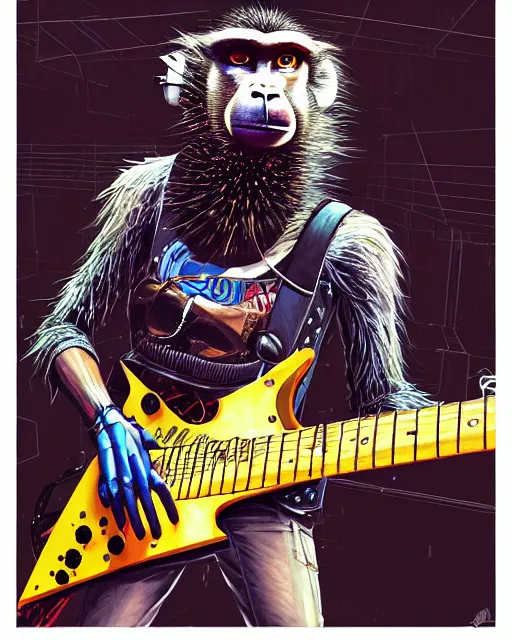 Image similar to a portrait of an anthropomorphic cyberpunk baboon shredding an electric guitar by sandra chevrier, by jon foster, detailed render, tape deck, epic composition, cybernetics, 4 k realistic, cryengine, realistic shaded lighting, sharp focus, masterpiece, by enki bilal