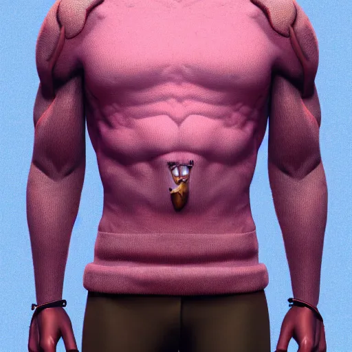 Prompt: human, humanoid, bambie, male, deer, fit body, muscles, blue eyes, wearing a pink sweater, featured on artstation