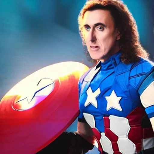 Prompt: film still of weird al as captain america, full body shot, hero pose, fireworks in the background