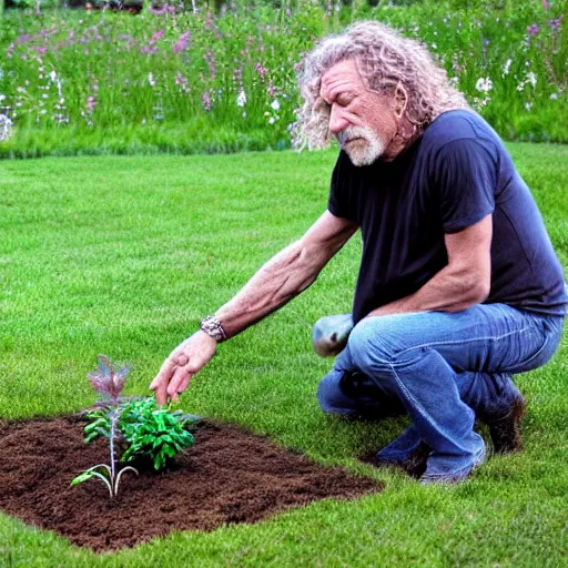 Image similar to robert plant as a plant being planted into the ground and being watered by roger waters, realistic, hyperrealistic, ultra realistic, real, real world, highly detailed, very detailed, extremely detailed, intricate details, 8 k resolution, hd quality
