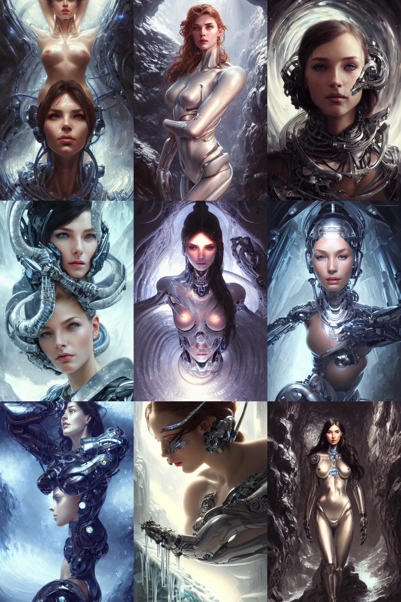 Prompt: ultra realistic beautiful alluring cyborg techno art, gorgeous face and figure, dramatic pose, in an icy cavern, sci - fi, fantasy, intricate, elegant, highly detailed, digital painting, artstation, concept art, smooth, sharp focus, illustration, art by artgerm and greg rutkowski and alphonse mucha and wlop