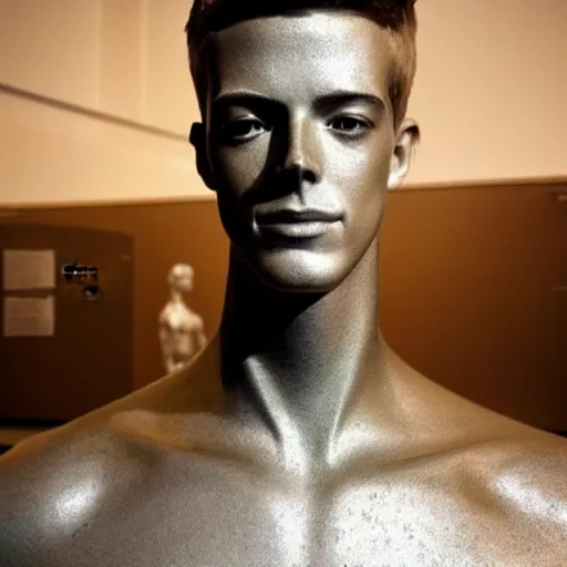 Image similar to “a realistic detailed photo of a guy who is an attractive humanoid who is half robot and half humanoid, who is a male android, actor Grant Gustin, shiny skin, posing like a statue, blank stare, at the museum, on display”