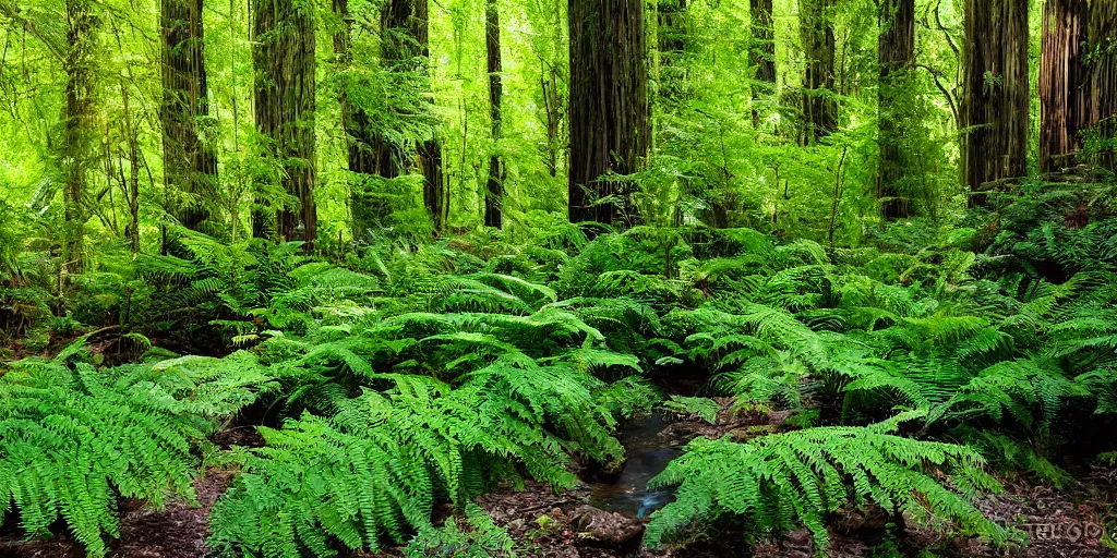 Image similar to a beautiful fern forest with a creek and redwoods and dappled light