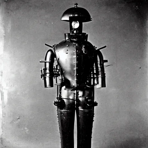 Prompt: a photograph from 1890 of mech suit made out of a cast iron potbelly stove