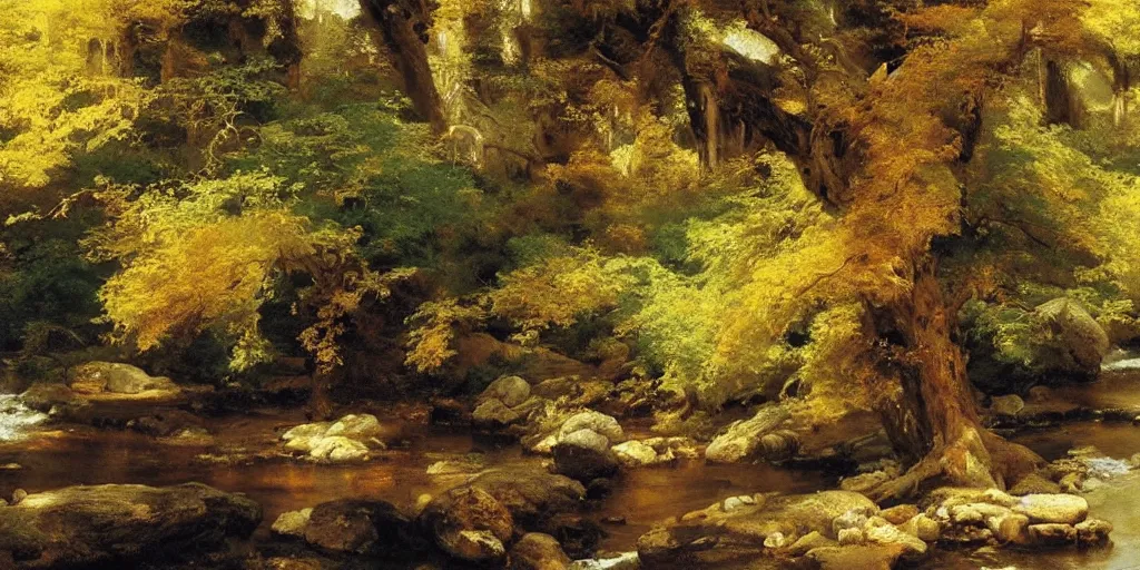 Image similar to single maple tree growing in grand cayon, stream, thomas moran, oil painting, highly detailed, masterpiece