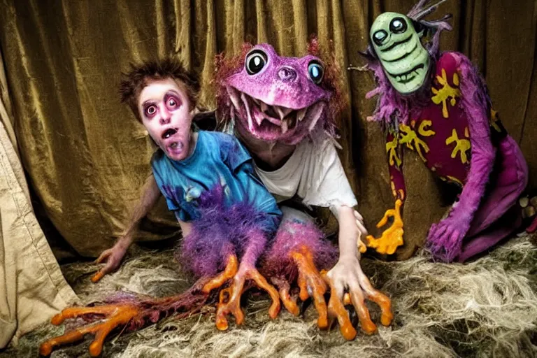 Prompt: a full color still frame from a freaky live action kids tv show about a gross hairy frog and a sad dumb ghost, tickle fight in the death tent, horror vibe, grunge, despair