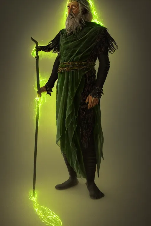 Prompt: full body portrait of an ancient man wearing layered black clothes with an elaborate cane that emits a soft green glow in an orange environment, atmosphere. dream like environment. soft. Foggy. Realistic concept art. V-ray. Ultra HD. 8K. Sharp details. 50mm. f/3.5.