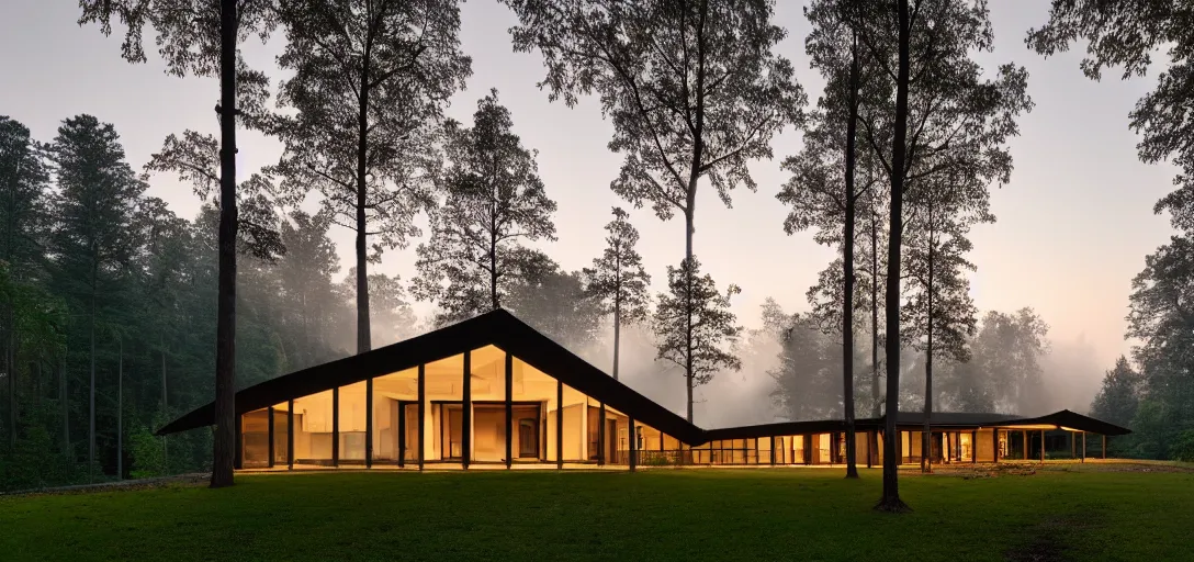 Prompt: faceted roof planes lift and descend creating shade and architectural expression, house, highly detailed, situated in the forest, next to a highly reflective lake, at dusk, vivid color, 4 k photography, mist