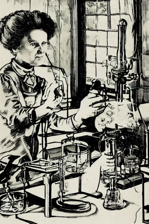 Image similar to marie curie in her lab playing with radioactive matter, children drawing