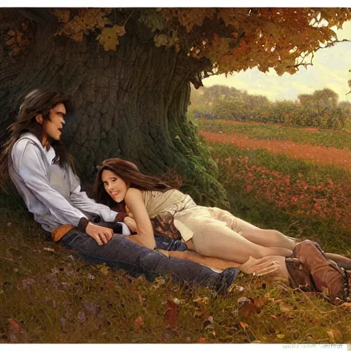 Prompt: young man and woman with long brown hair, laying under a tree looking at clouds autumn, ( ( ( wearing jeans ) ) ), no faces, by stanley artgerm lau, greg rutkowski, thomas kindkade, alphonse mucha, loish, norman rockwell