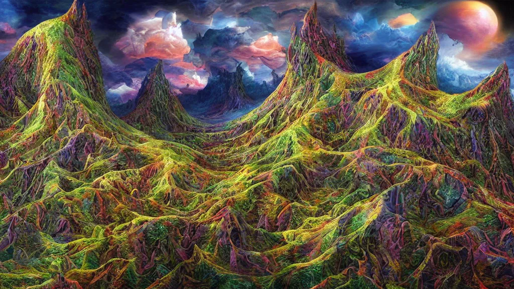 Image similar to fantasy landscape with fractals in the styles of igor morski, jim warren, and m. c. escher, intricate, colorful, hyperrealistic, volumetric lighting