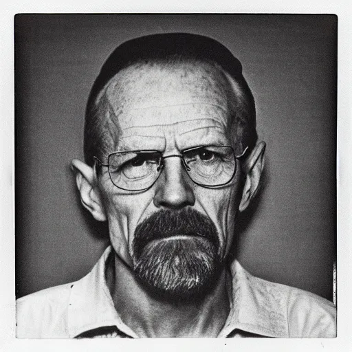 Prompt: 1970s of Mugshot Portrait of a very old and decrepit Walter White with glasses and no beard, dressed in 1970s menswear, taken in the 1970s, photo taken on a 1970s polaroid camera, grainy, real life, hyperrealistic, ultra realistic, realistic, highly detailed, epic, HD quality, 8k resolution, body and headshot, film still, front facing, front view, headshot and bodyshot, detailed face, very detailed face