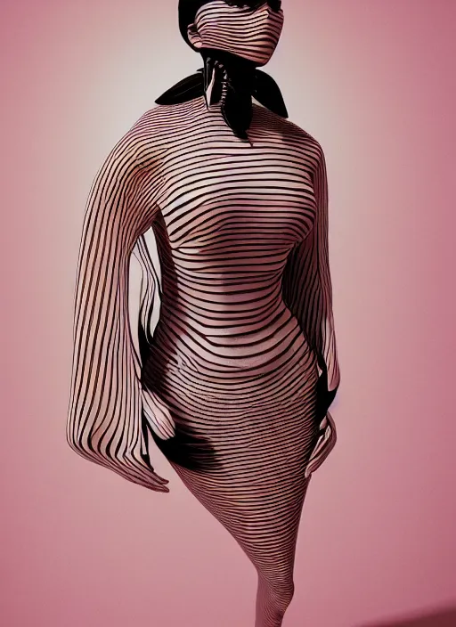 Image similar to an anthromorphic beautiful bee woman wearing striped couture made out of wax and paper and flower petals, at a fashion shoot, by issey miyake, trending on Art Station, 3D, octane render,