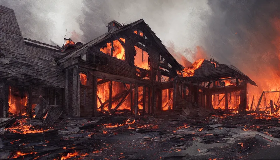 Image similar to Inside of a burning collapsed wooden house, hyperdetailed, artstation, cgsociety, 8k