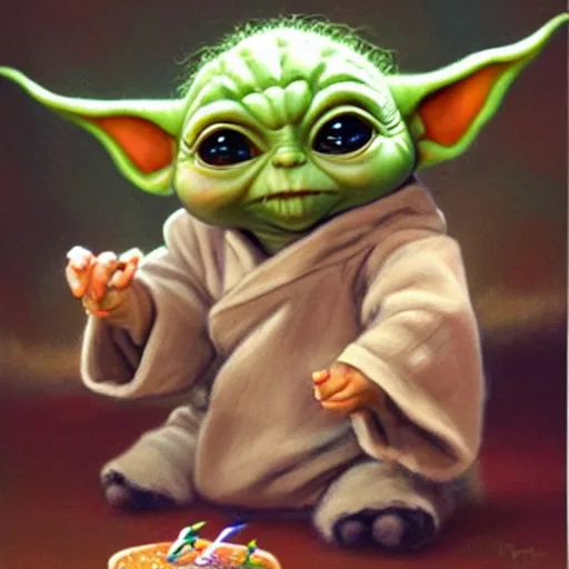 Prompt: (baby yoda grogu) smashing birthday cake into his face, happy birthday, happy birthday candles, mischievous, inquisitive, devious, hilarious, funny, birthday PRESENTS, style of Ralph Horsley, by Ralph Horsley