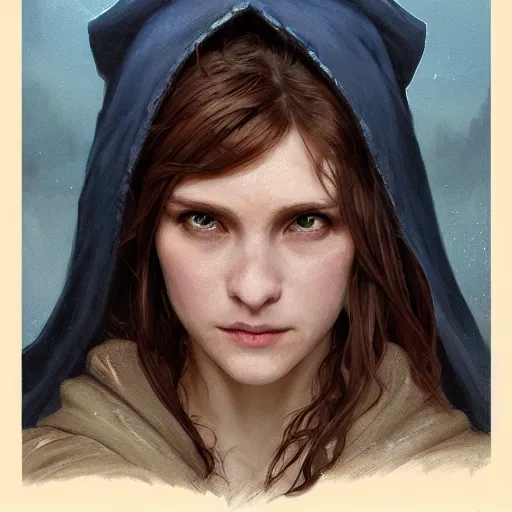 Image similar to portrait of a female wizard with brown hair wearing a blue hood and blue robe exploring a dark and sinister medieval village, fantasy, highly detailed, digital painting, artstation, concept art, character art, art by greg rutkowski and tyler jacobson and alphonse mucha