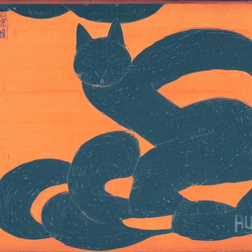 Image similar to a painting of an orange cat staring profoundly towards the viewer, a woodcut by katsushika hokusai, pixabay contest winner, ukiyo - e, ukiyo - e, cyanotype, woodcut