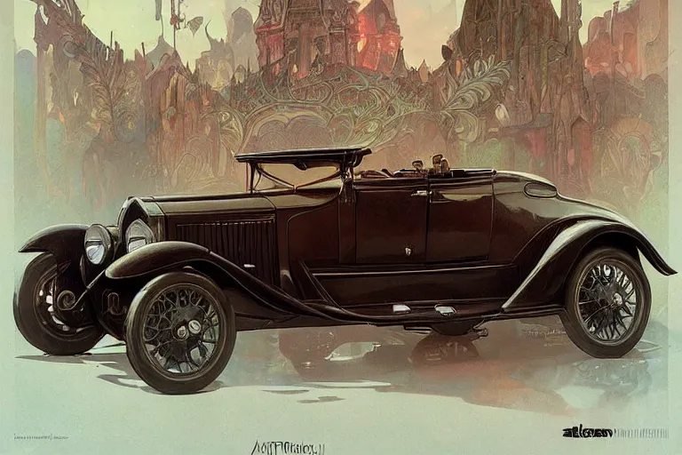 Image similar to 1930 car, fantasy, elegant, intricate, highly detailed, digital painting, artstation, concept art, sharp focus, illustration, art by artgerm and greg rutkowski and alphonse mucha