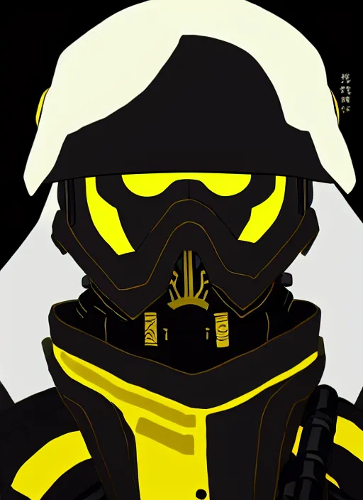 Image similar to anime portrait of a vicious helldiver scout soldier, black armor with yellow accents, closeup on face, ilya kuvshinov, anime, pixiv top monthly, trending on artstation, cinematic, danbooru, zerochan art, kyoto animation