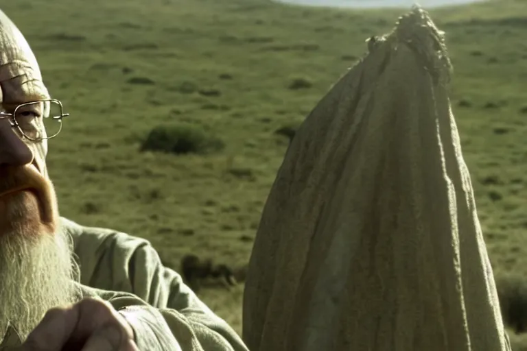 Prompt: film still of walter white as gandalf in the fellowship of the ring, cinematic, movie frame, rule of thirds, 8 k