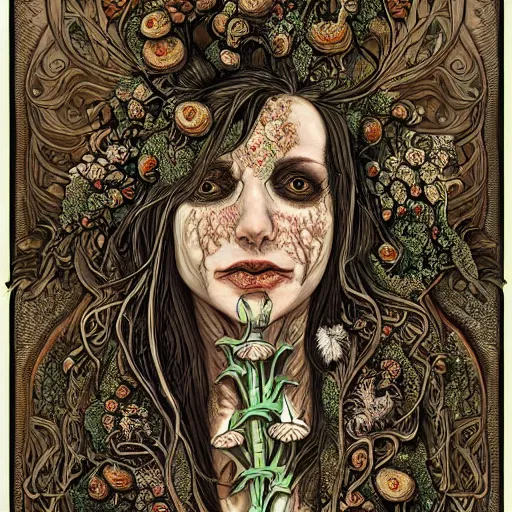 Image similar to a beautiful detailed front view portrait of a rotten woman corpse with fractal plants and fractal flowers and mushrooms growing around, intricate, symmetrical, ornate, ornamentation, illustration, in the style of art nouveau