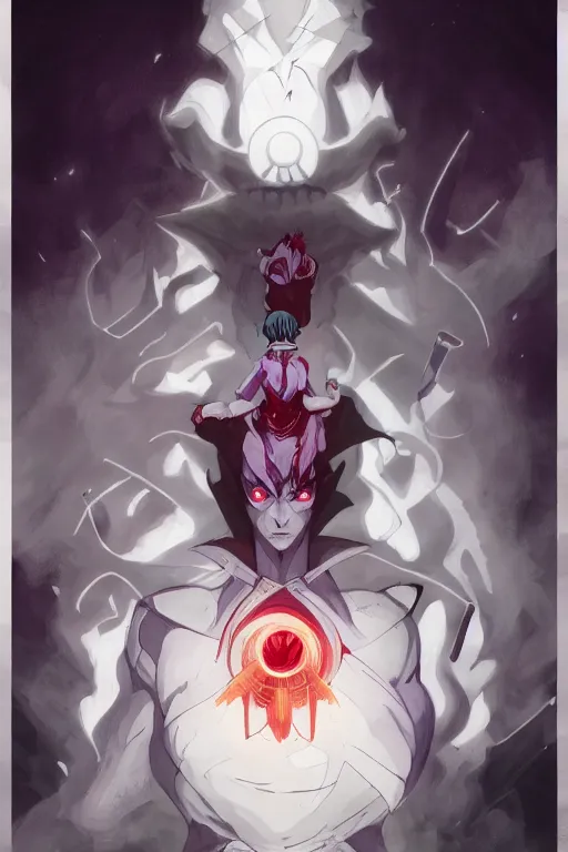 Image similar to Hisoka from Hunter × Hunter, dark , Symmetrical, by Peter mohrbacher and Kelly McKernan, cinematic, concept art, artstation, Highly detailed painting, unreal engine, sharp, 8k