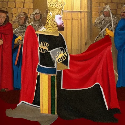 Prompt: An oil painting of Donald Trump dressed as a medieval knight, kneeling before a throne. Jesus stands before him and is tapping Donald on the shoulder with a sword, granting him a noble title