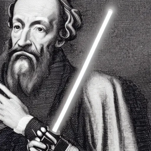 Image similar to the theologian John Calvin holding a lightsaber