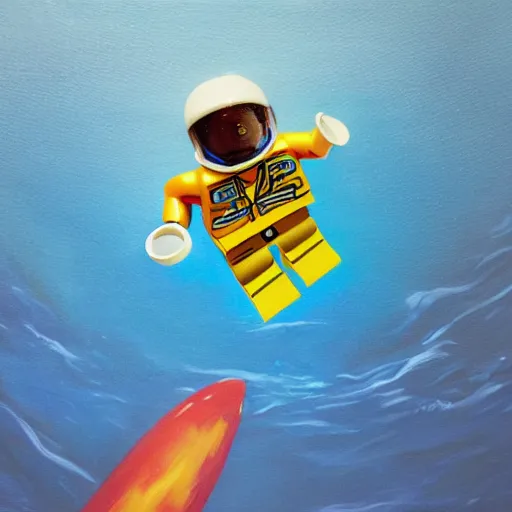 Prompt: lego blocks painting of astronaut in the ocean by fujita, goro, skies, realistic, colorful, positive vibes, cinematic, 3 d, hd