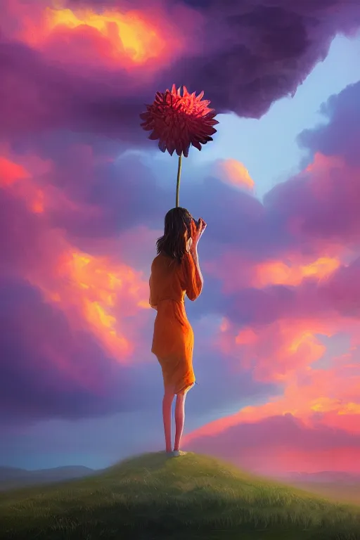 Image similar to closeup giant dahlia flower as head, girl standing on mountain, surreal photography, blue storm clouds, dramatic light, impressionist painting, digital painting, artstation, simon stalenhag