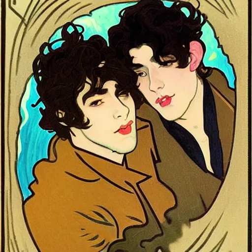 Image similar to painting of young cute handsome beautiful dark medium wavy hair man in his 2 0 s named shadow taehyung and cute handsome beautiful min - jun together at the halloween! party, bubbling cauldron!, candles!, smoke, autumn! colors, elegant, wearing suits!, delicate facial features, art by alphonse mucha, vincent van gogh, egon schiele