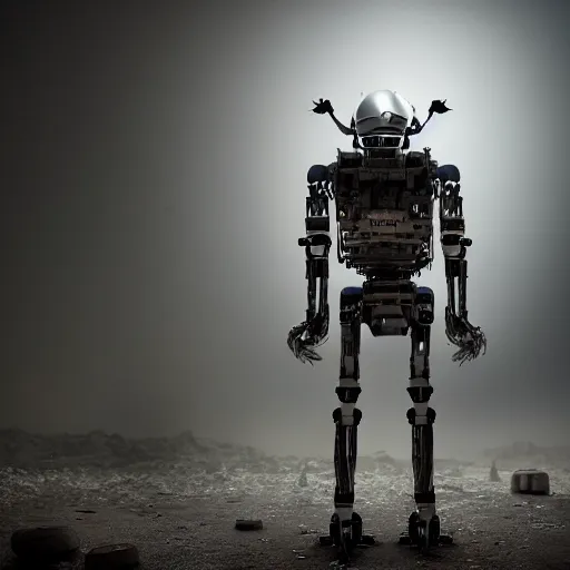 Image similar to A large humanoid robot, full body, facing forward, bleak tone, post apocalyptic, Nuttavut Baiphowongse, Mark Armstron, amad, rendered by octane, 8k, ultra 8k, hyper realistic, photorealistic, photo