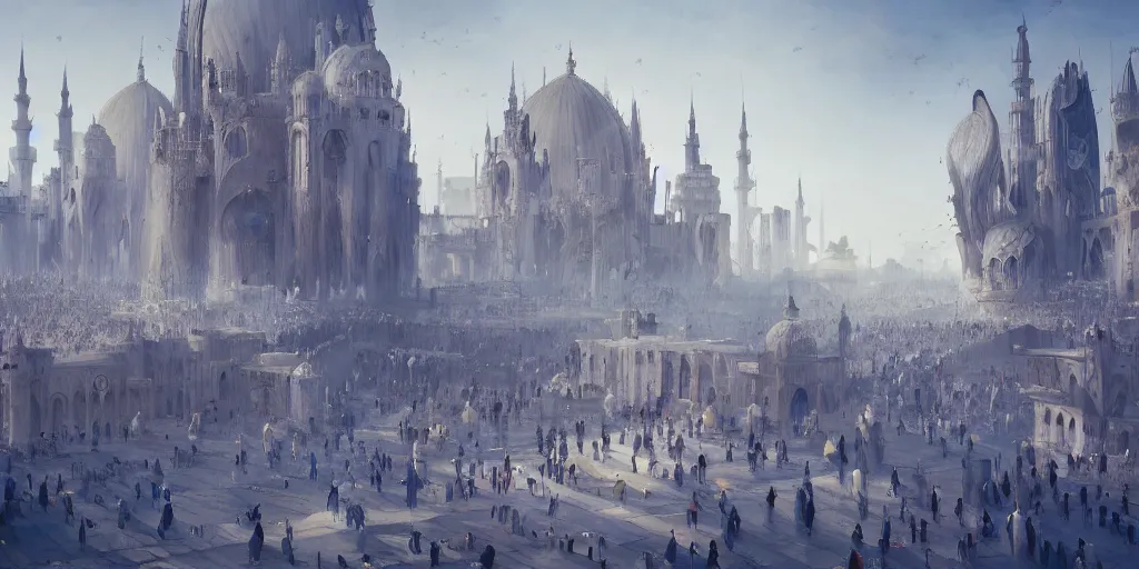 Image similar to a beautiful painting of islamic architecture, crowded people, game of thrones style, city landscape, zaha hadid, louis kahn, fantasy, futuristic, by yves tanguy, trending on artstation, unreal engine