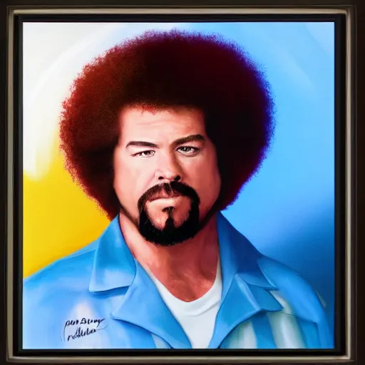 Image similar to a closeup photorealistic photograph of bob ross detailing a canvas painting of kenny powers. film still. brightly lit scene. this 4 k hd image is trending on artstation, featured on behance, well - rendered, extra crisp, features intricate detail, epic composition and the style of unreal engine.