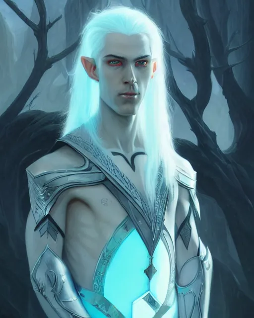 Prompt: character portrait of a slender young half elven man with white hair, piercing turquoise blue eyes, and pale blue skin, wearing sleek pearlescent black armor, by greg rutkowski and mark brookes and jim burns and tom bagshaw and magali villeneuve, trending on artstation