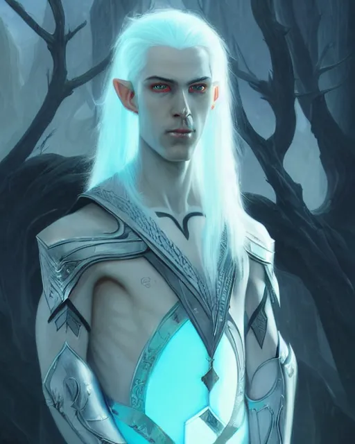 Image similar to character portrait of a slender young half elven man with white hair, piercing turquoise blue eyes, and pale blue skin, wearing sleek pearlescent black armor, by greg rutkowski and mark brookes and jim burns and tom bagshaw and magali villeneuve, trending on artstation