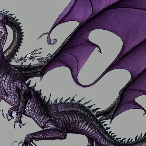Prompt: a 128 foot tall silver western dragon with purple accents, having a 360 foot long wingspan; The scales smooth and streamlined, while jutting out at the elbows and crest and spine; with 4 limbs and 4 claws on each foot; deviantart, furaffinity
