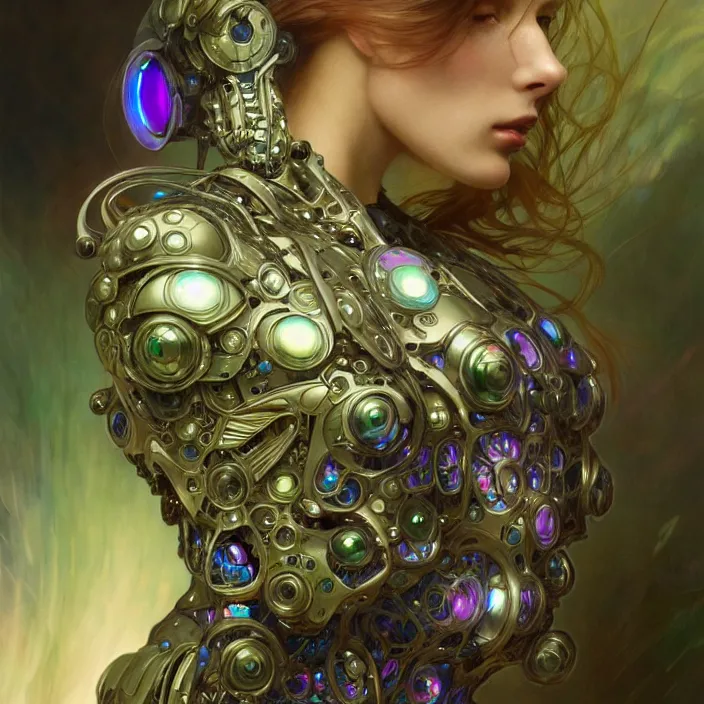 Prompt: organic cyborg, iridescent bettle, diffuse lighting, fantasy, intricate, elegant, highly detailed, lifelike, photorealistic, digital painting, artstation, illustration, concept art, smooth, sharp focus, art by john collier and albert aublet and krenz cushart and artem demura and alphonse mucha