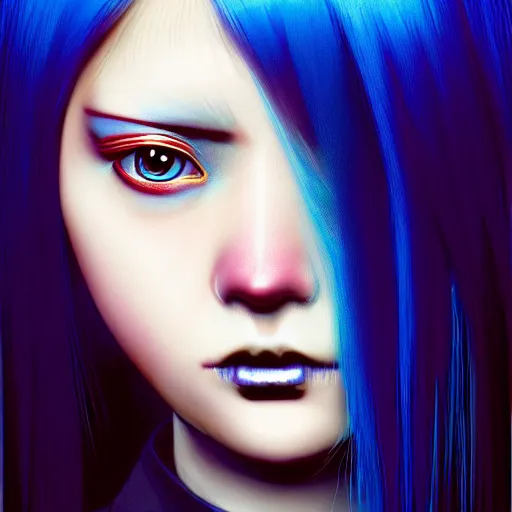 Image similar to full face shot of rimuru tempest, sky blue straight hair, long bangs, with amber eyes, wearing a black jacket, high collar, ultra detailed, concept art, award winning photography, digital painting, cinematic, wlop artstation, closeup, pixiv, evil, yoshitaka amano, andy warhol, ilya kuvshinov,