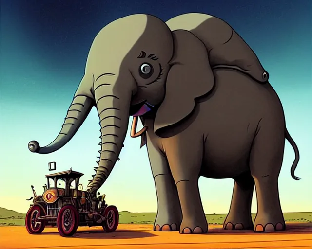 Image similar to a cell shaded cartoon giant grey lovecraftian mechanized elephant from howl's moving castle ( 2 0 0 4 ), with a big head, on a desert road, wide shot, in front of a big moon, muted colors, post grunge, josan gonzales, wlop, by james jean, victor ngai, hq, deviantart, art by artgem