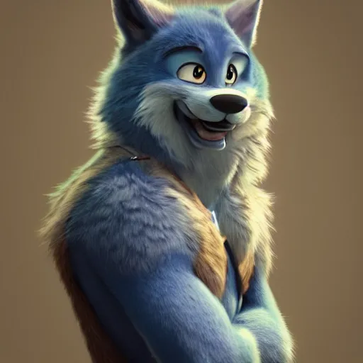 Image similar to portrait character design a mature muscle blue fluffy werewolf girl, style of maple story and zootopia, 3 d animation demo reel, portrait studio lighting by jessica rossier and brian froud and gaston bussiere