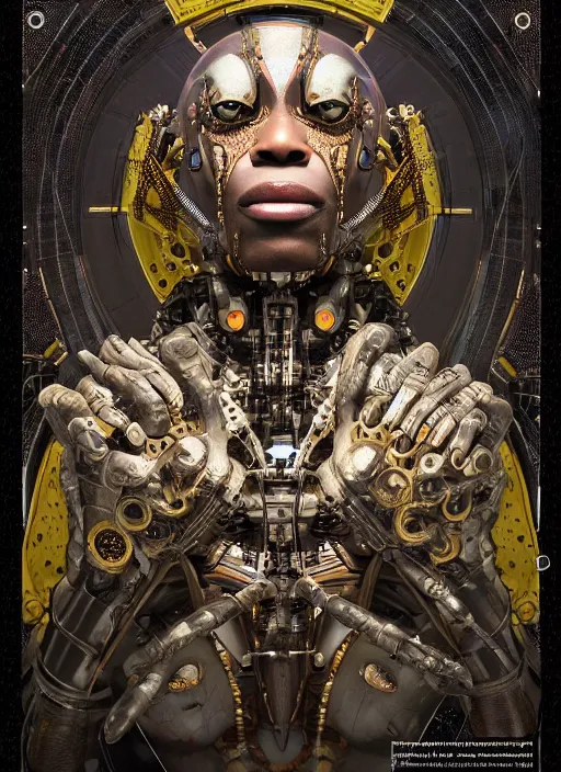 Image similar to portrait of a futuristic african voodoo master cyborg, in the style of ghost in the shell, kintsugi, modern fine art, fractal, intricate, elegant, highly detailed, digital photography, subsurface scattering, by jheronimus bosch and greg rutkowski,