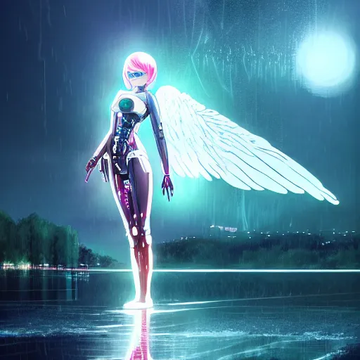 Prompt: ellen paige as a beautiful cyborg - angel girl standing on a lake, rainfall, biomechanical details, digital cyberpunk anime art, full body shot, reflections, lens flare, wlop, ilya kuvshinov, artgerm, krenz cushart, greg rutkowski