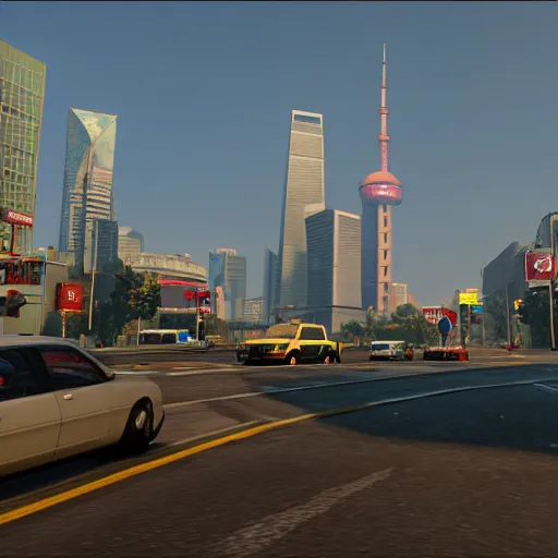 Image similar to screenshot of Grand Theft Auto: Shanghai, for ps5, Highly Detailed, Unreal engine 5, HD, 8k, GTX 3090,