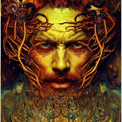 Image similar to Visions of Hell by Karol Bak, Jean Deville, Gustav Klimt, and Vincent Van Gogh, nightmare portrait, infernal, visionary, otherworldly, fractal structures, ornate gilded medieval icon, third eye, hellfire, stygian, spirals, cosmic horror