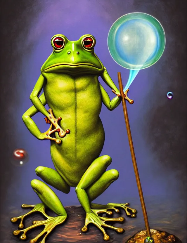 Prompt: anthropomorphic bipedal frog that is dressed as a medieval librarian, and holding a thick staff, as a matte oil painting and d & d character art, by alex grey, standing, fullbody, vibrant, floating bubbles, enlightened, fog, fractals, spirals, concept art, award - winning, extremely detailed, sharp focus