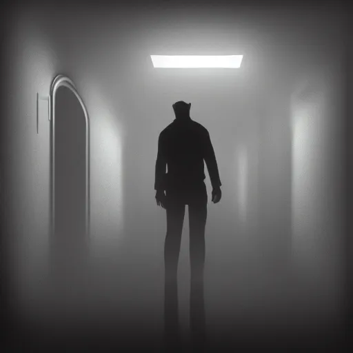 Image similar to silhouette of a man standing on a dark hallway, red light on the behind of the man, creepy atmospheric, unreal engine fantasy art, 8k, trending on artstation, realistic